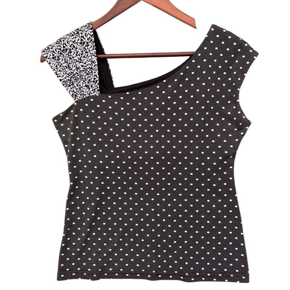 Joseph Ribkoff Polka Dot Asymmetric Top Black White Chic Stretch Blouse 6 Small
